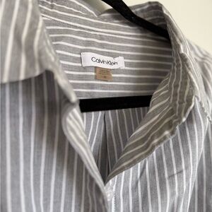Calvin Klein Gray and White Striped Tie-Waist Shirt Dress
